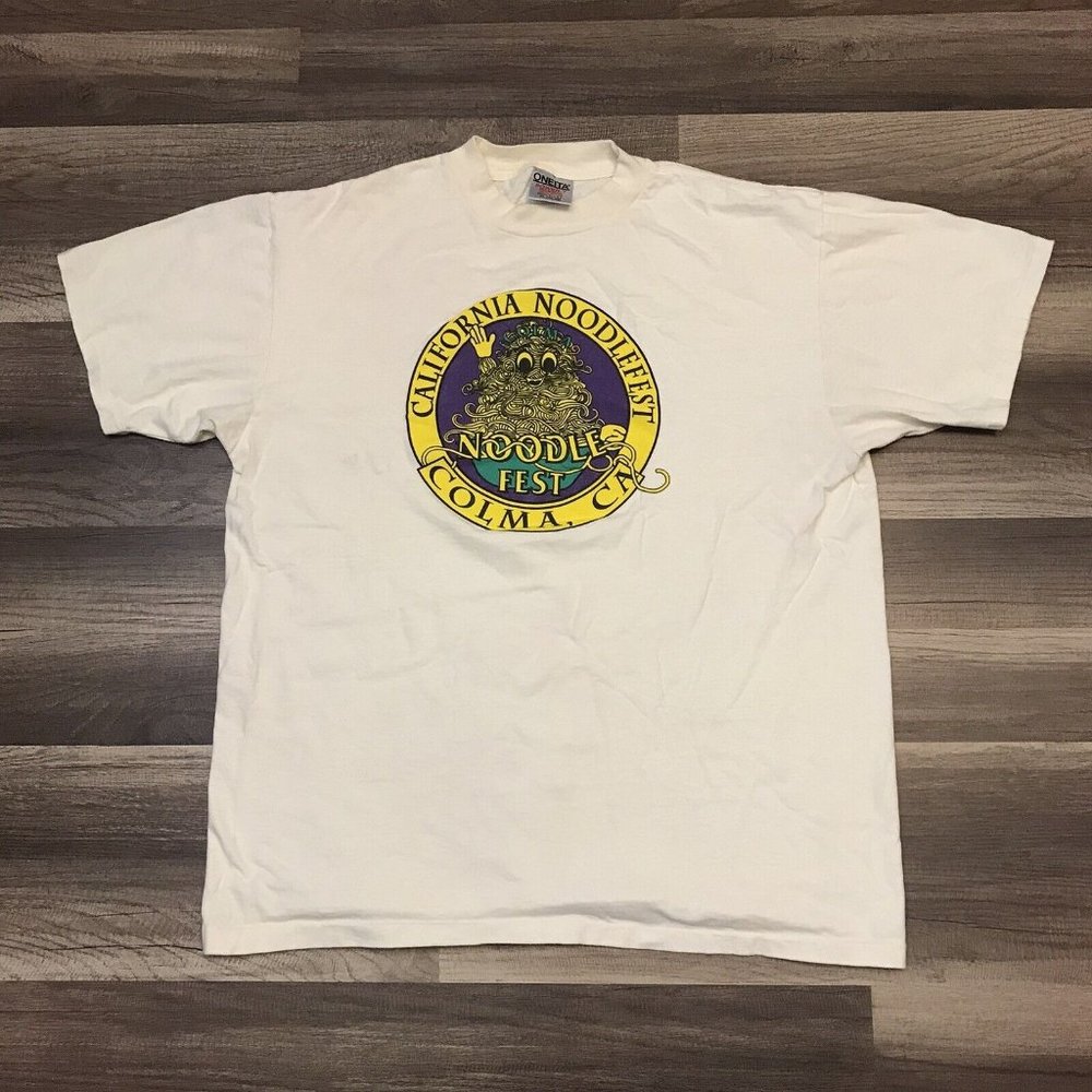 Vintage California Noodlefest Colma California Beige Graphic T-Shirt Sz XL